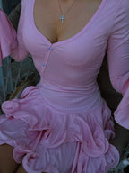 Elise Ruffled Long Sleeve Pink Mini Dress