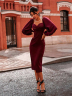 Vespera Burgundy Puff Sleeve Midi Dress