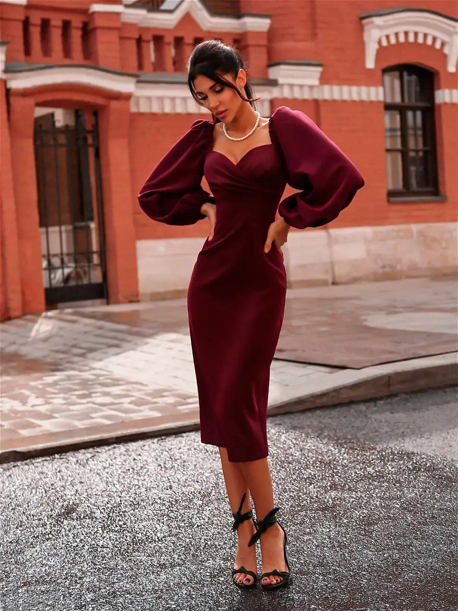 Vespera Burgundy Puff Sleeve Midi Dress
