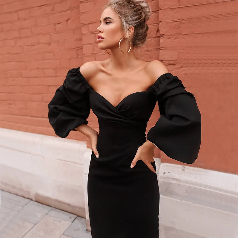 Vespera Black Puff Sleeve Midi Dress
