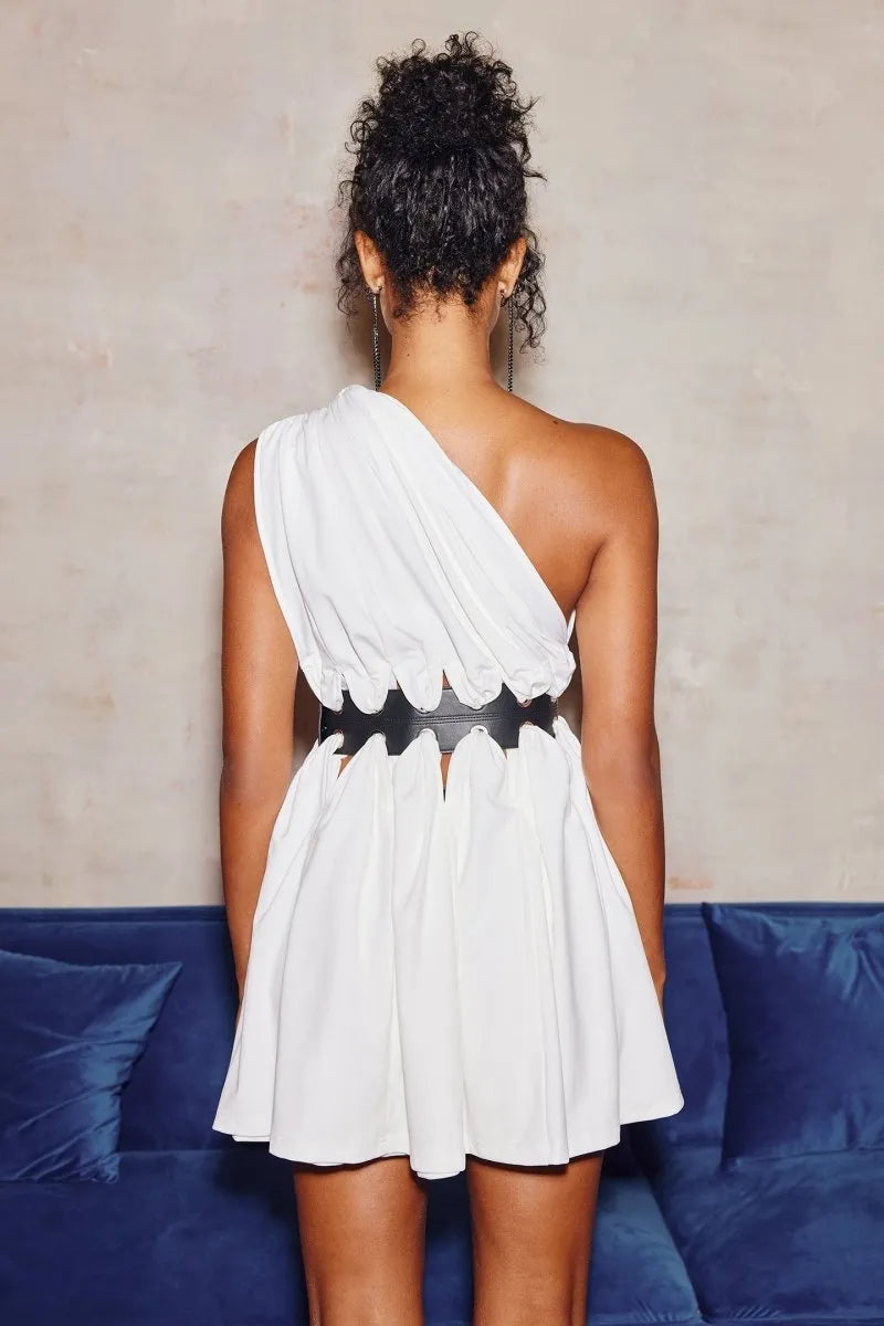 Empire State White One-Shoulder Grommet Mini Dress