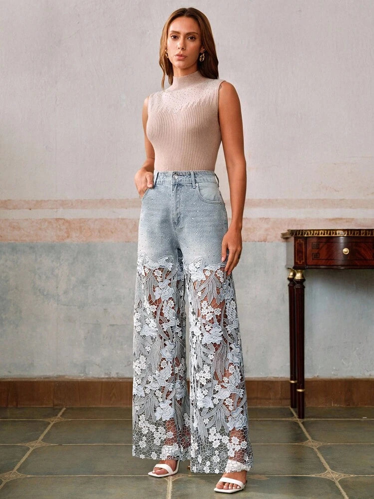 Tease Blue Lace Wide Jeans