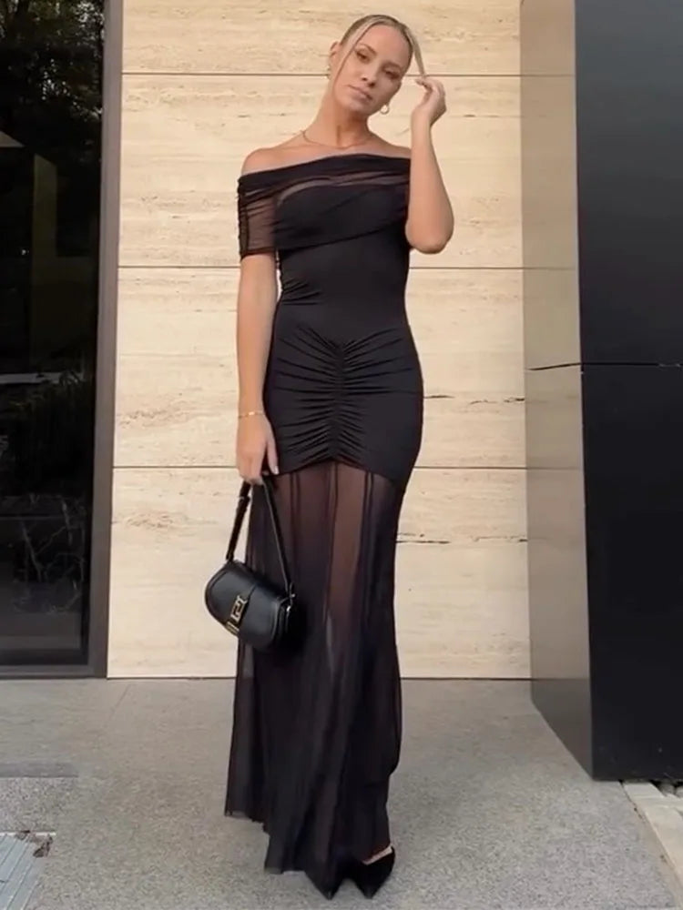 Lily Monroe Black Elegant Folds Maxi Dress