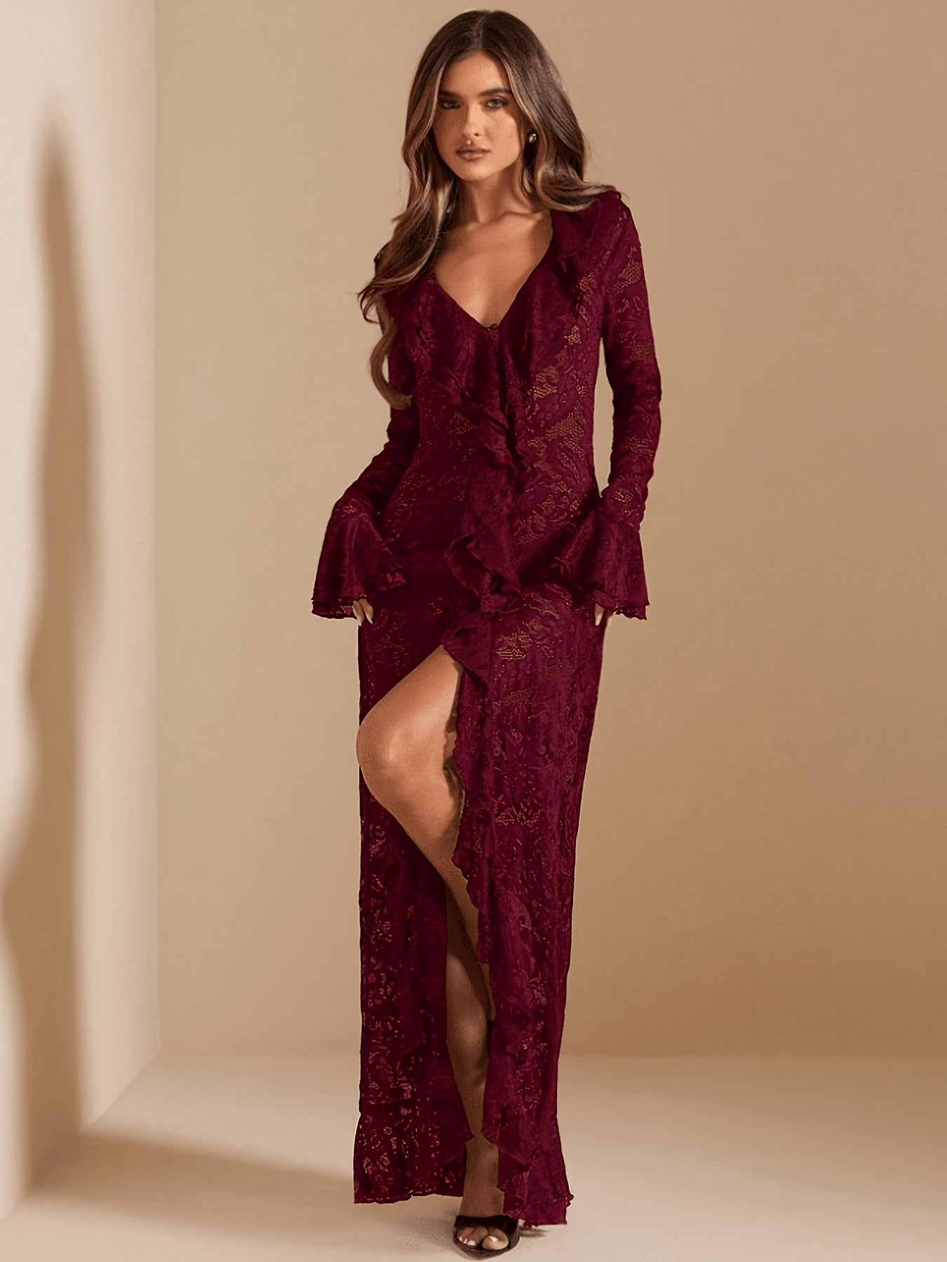 Carmen Burgundy Sheer Lace Maxi Dress