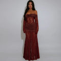 Evelyn See Through Lace Wine Maxi Dress