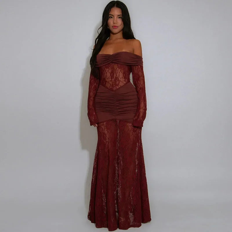 Evelyn See Through Lace Wine Maxi Dress