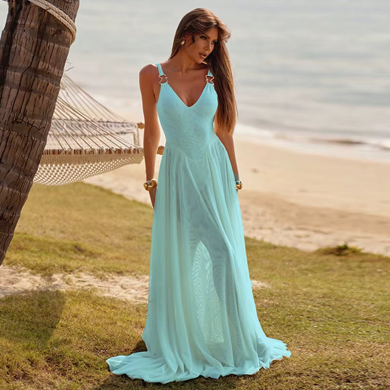 Monica Pale Turquoise Mesh Maxi Dress