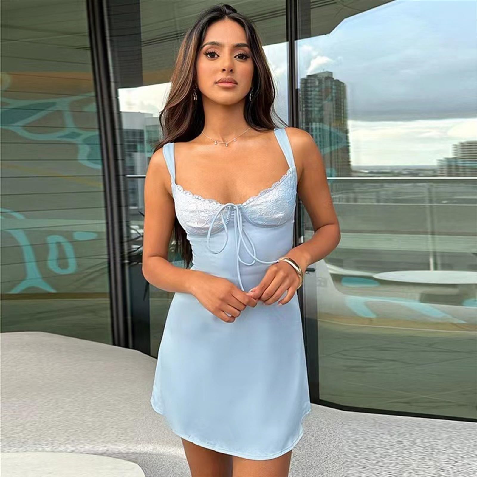 Lunette Light Blue Lace Trim Mini Dress