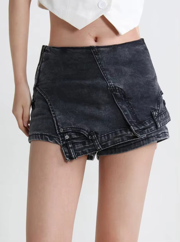 Rebel Black Asymmetric Zip Shorts