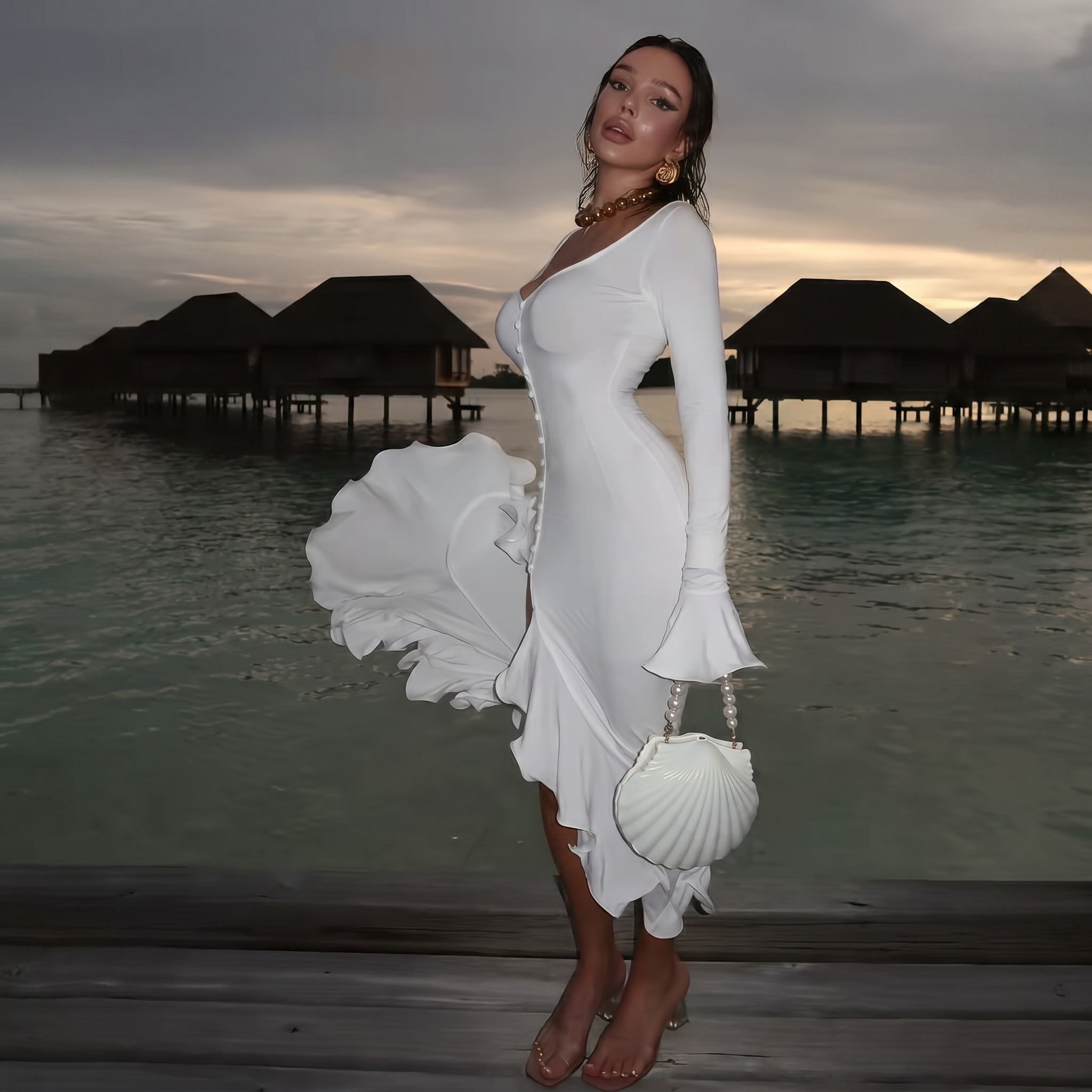 Audrey White Ruffled Midi Dress
