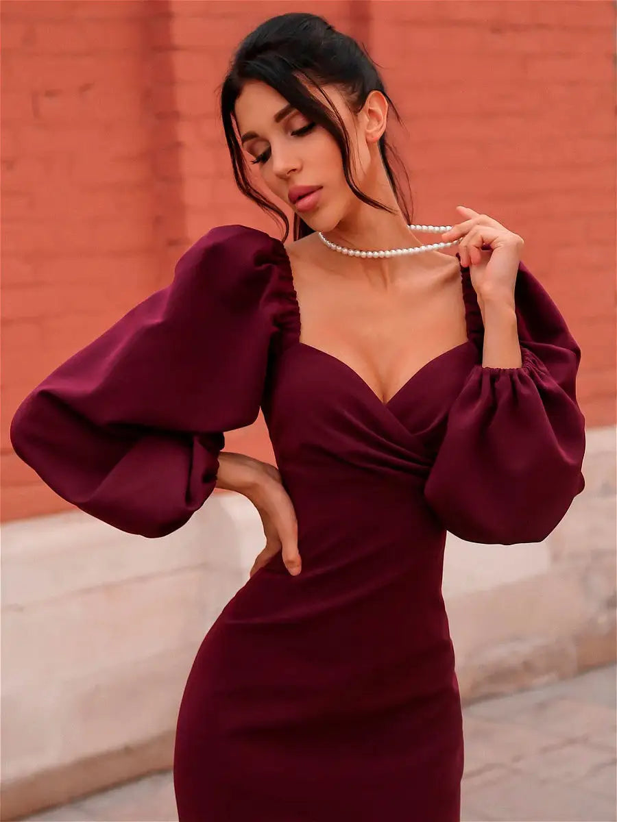 Vespera Burgundy Puff Sleeve Midi Dress