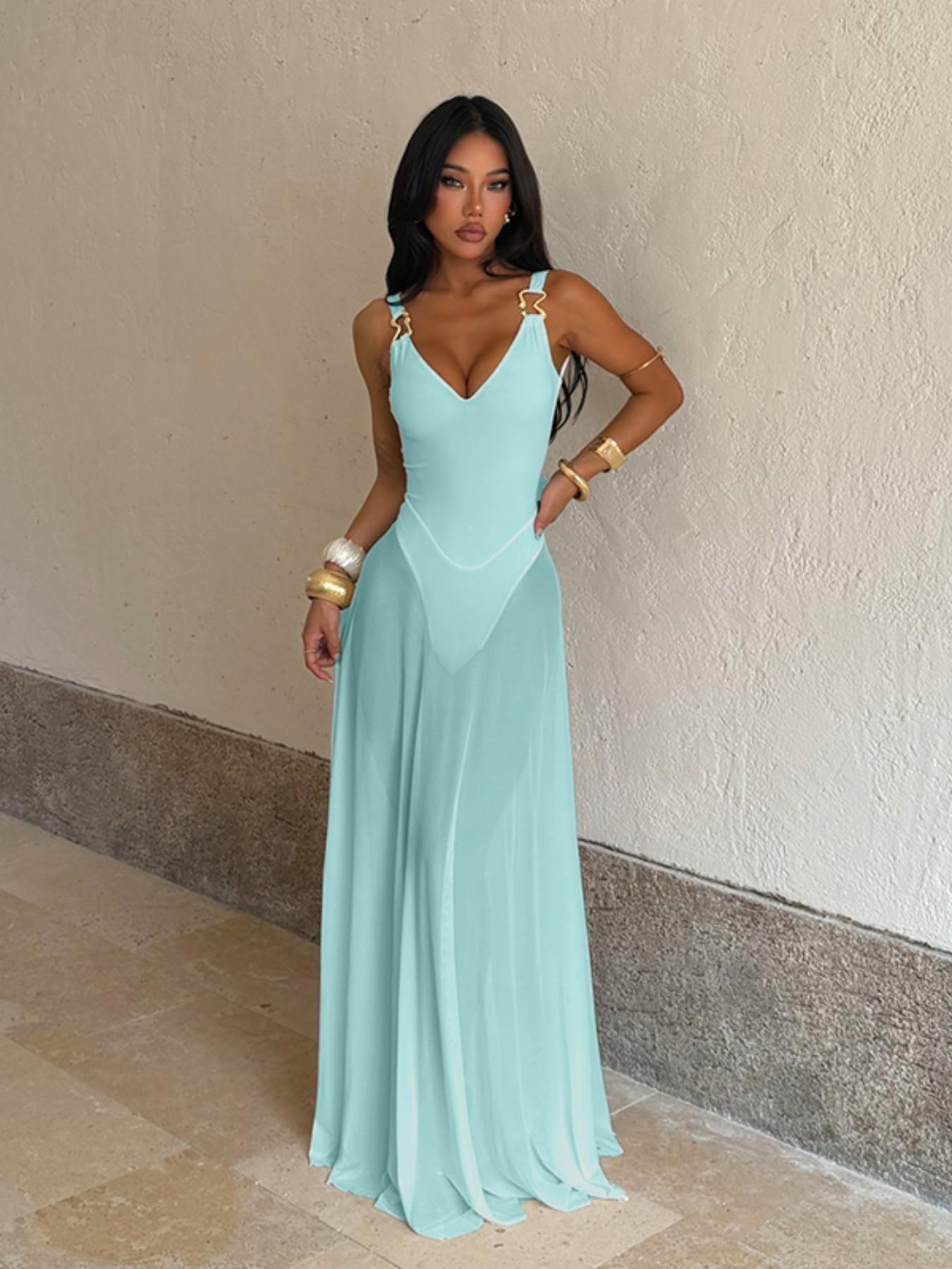 Monica Pale Turquoise Mesh Maxi Dress