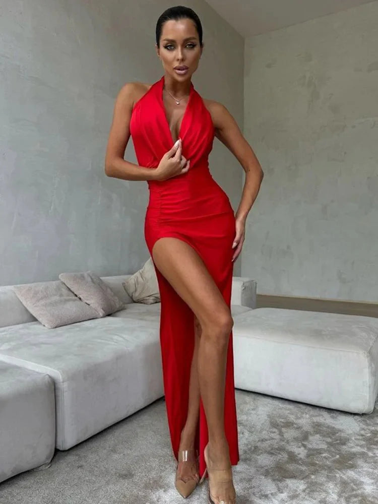 Inferna Red Plunge Slit Maxi Dress