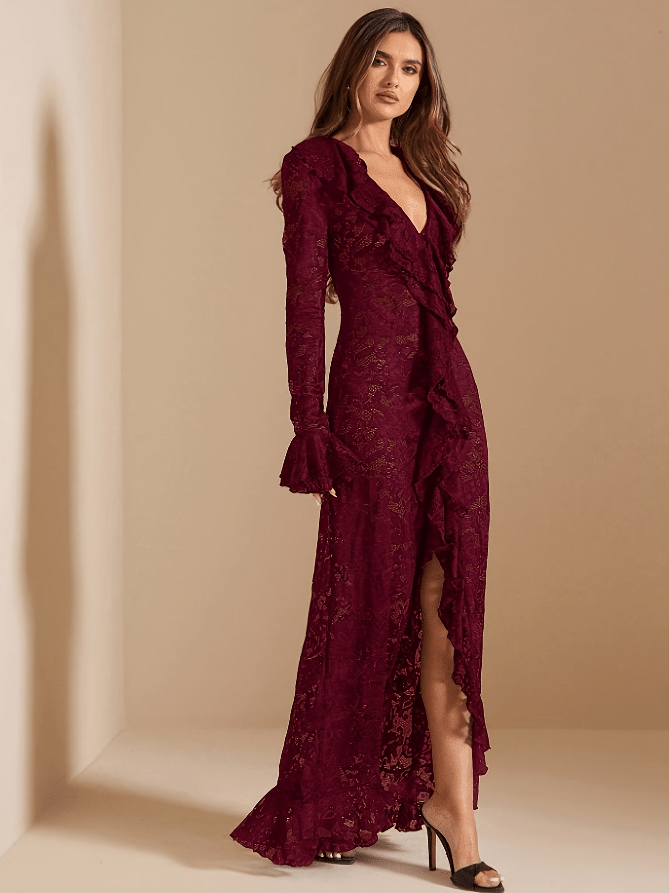 Carmen Burgundy Sheer Lace Maxi Dress