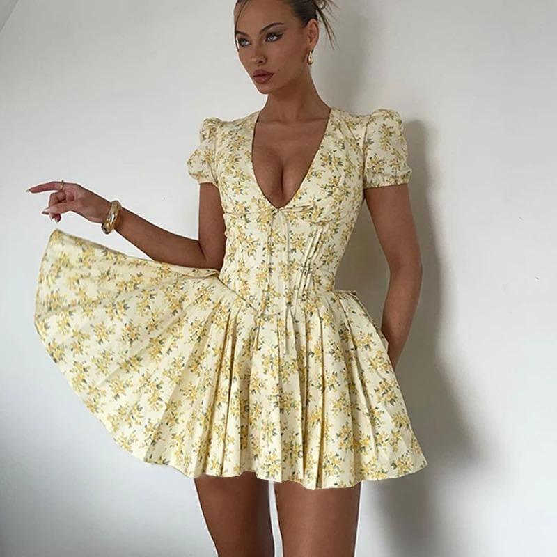 Lunika Yellow Garden Corset Mini Dress
