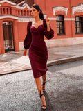 Vespera Burgundy Puff Sleeve Midi Dress