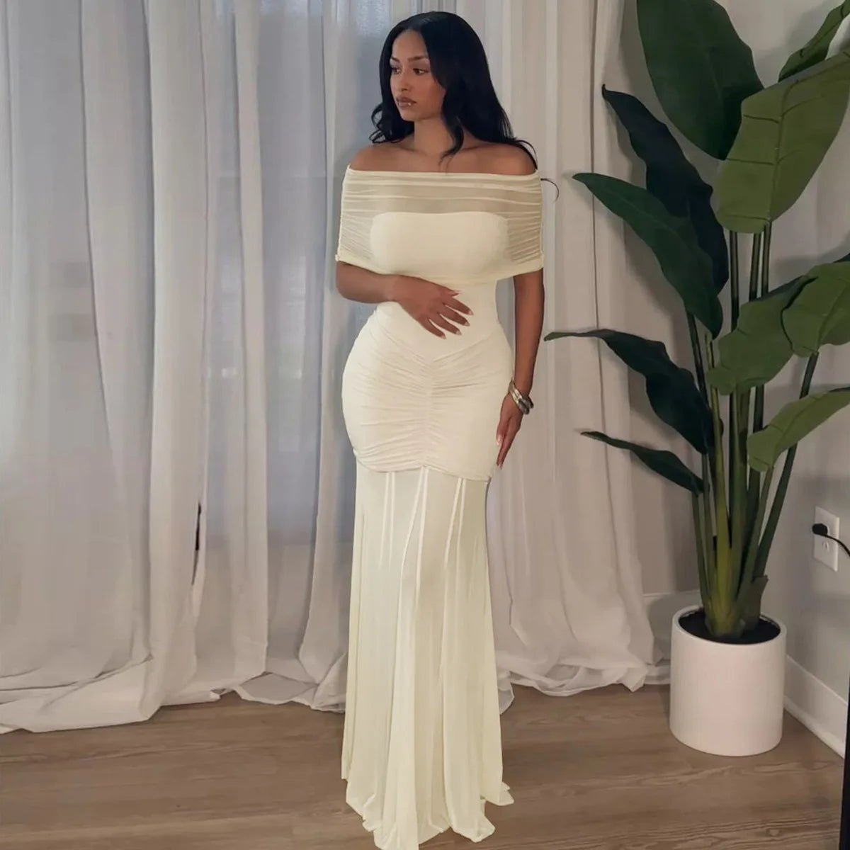 Lily Monroe Beige Elegant Folds Maxi Dress