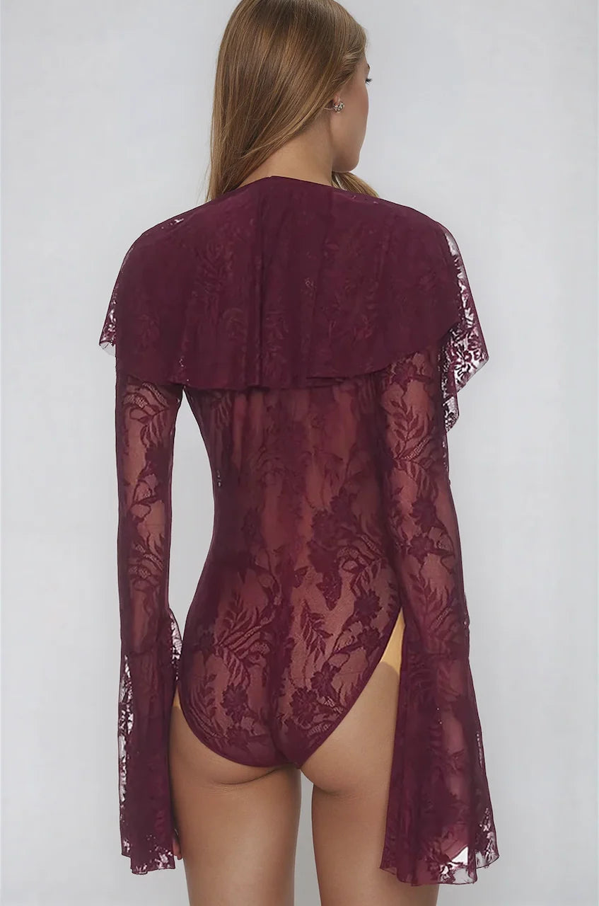 Untamed Burgundy Flare-Sleeve Lace Body