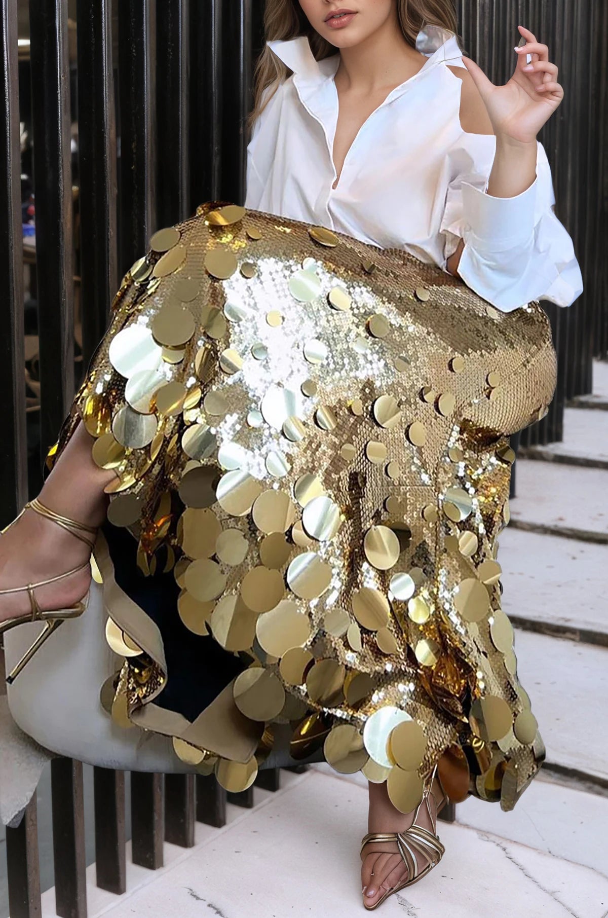 Starlet Gold Disc Sequin Maxi Skirt