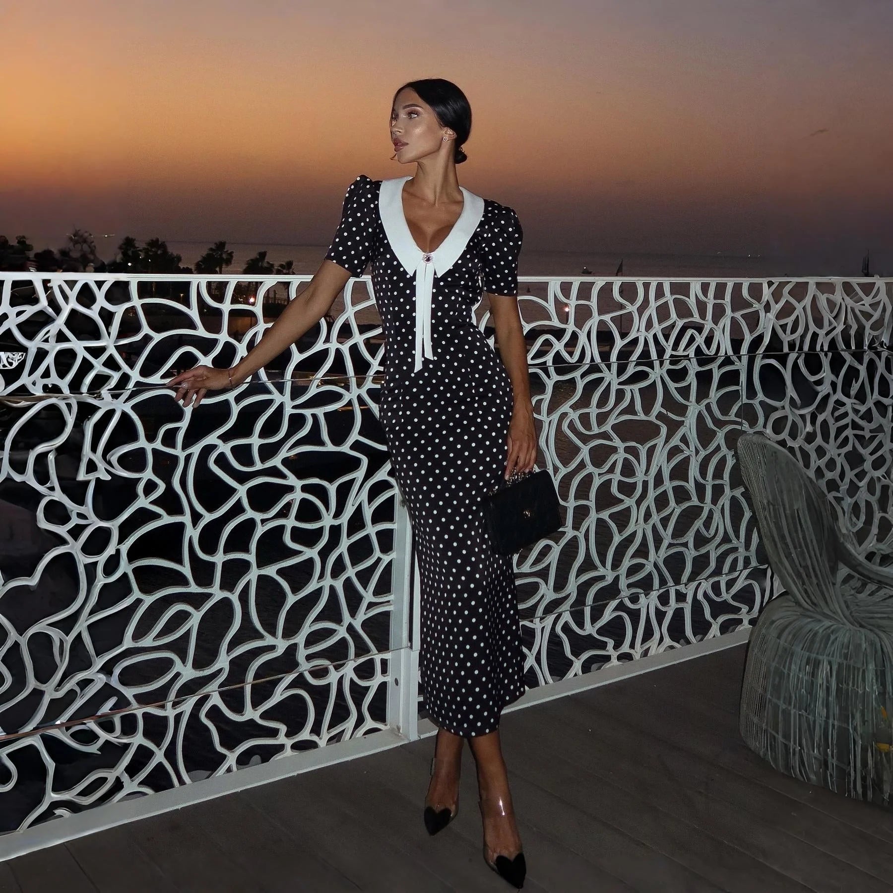 Odette Black Contrast Collar Midi Dress