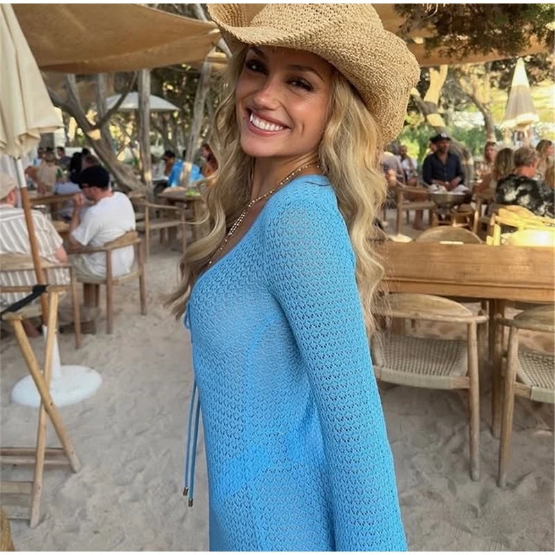 Santorini Light Blue Crochet Cutout Mini Dress