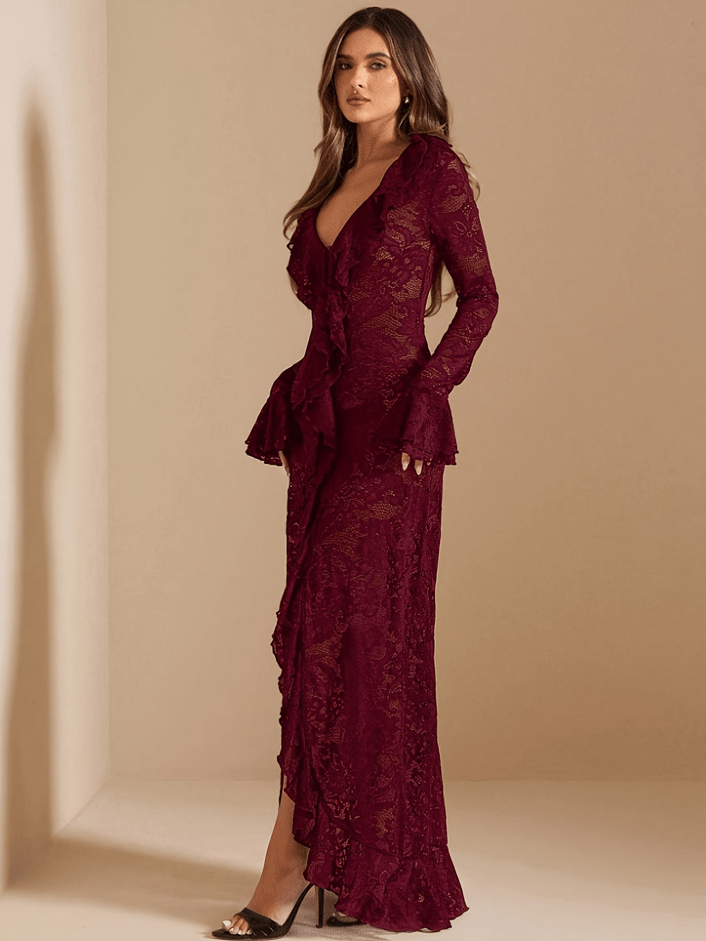 Carmen Burgundy Sheer Lace Maxi Dress