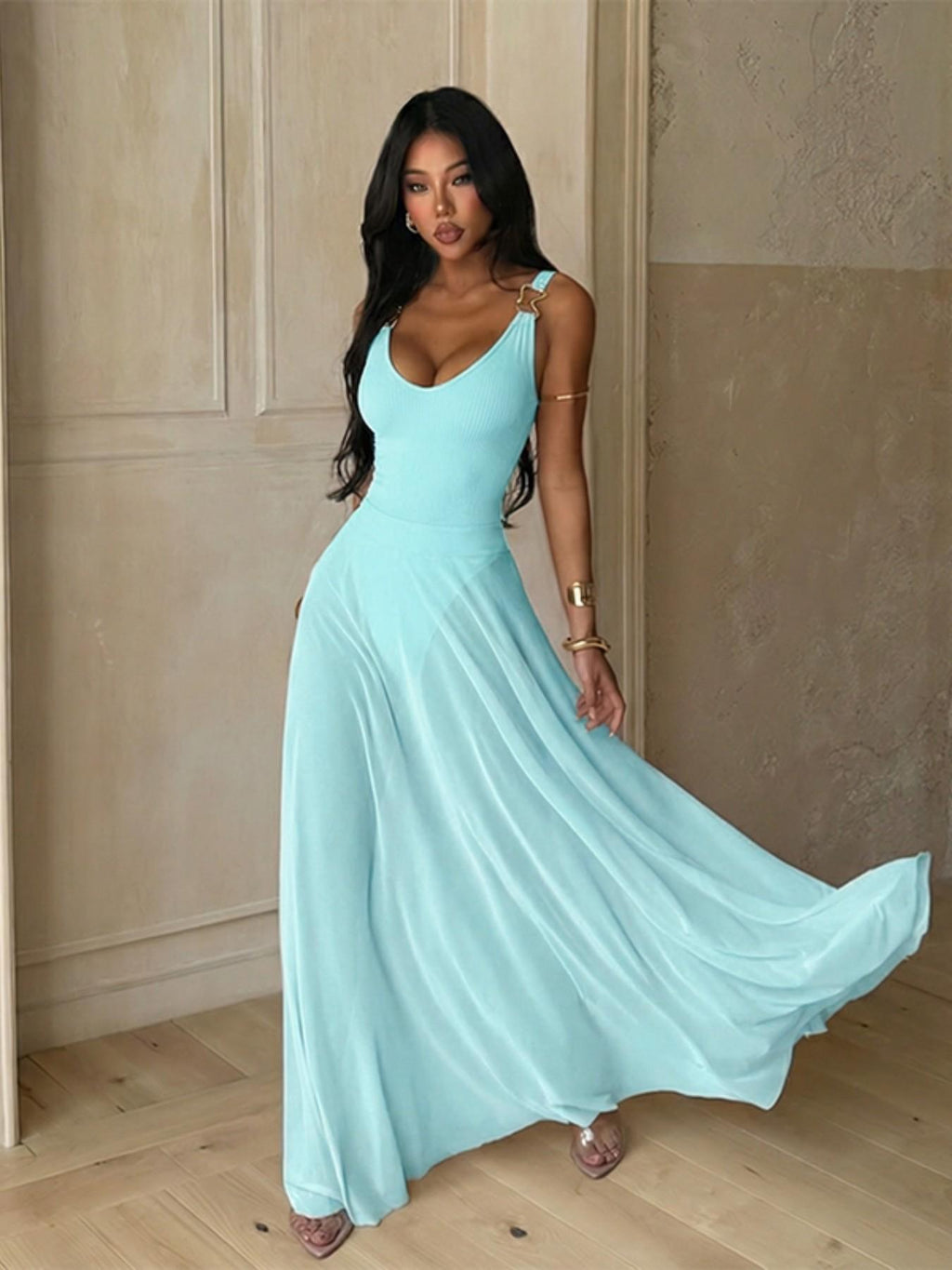 Monica Pale Turquoise Mesh Maxi Dress