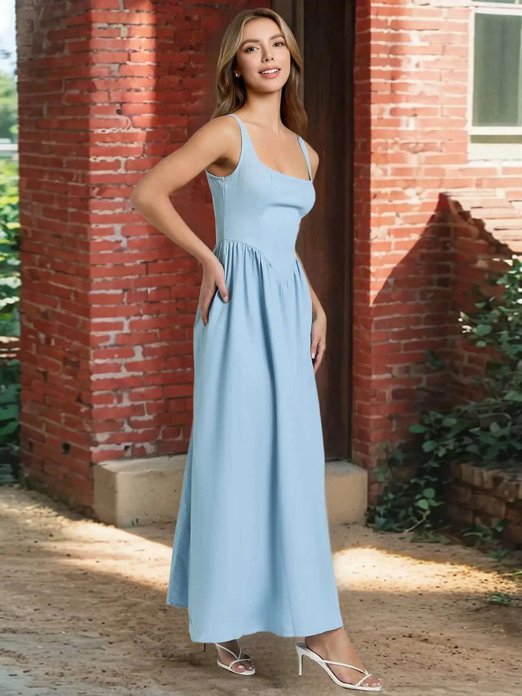 Olivia Skye Backless Flared Sky Blue Maxi Dress