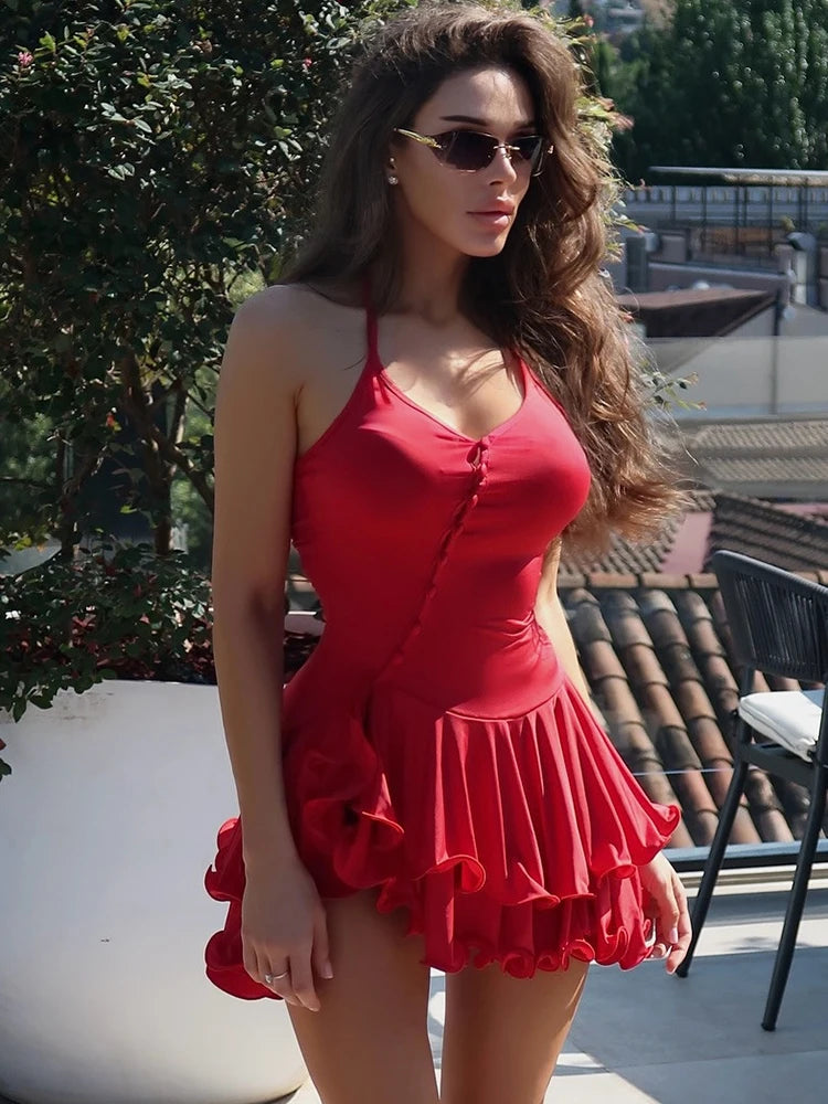Victoria Red Sleeveless Ruffled Mini Dress