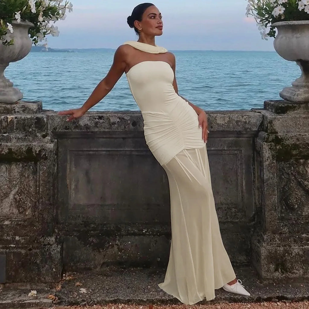 Lily Monroe Beige Elegant Folds Maxi Dress