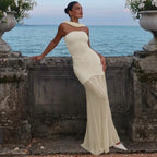 Lily Monroe Beige Elegant Folds Maxi Dress