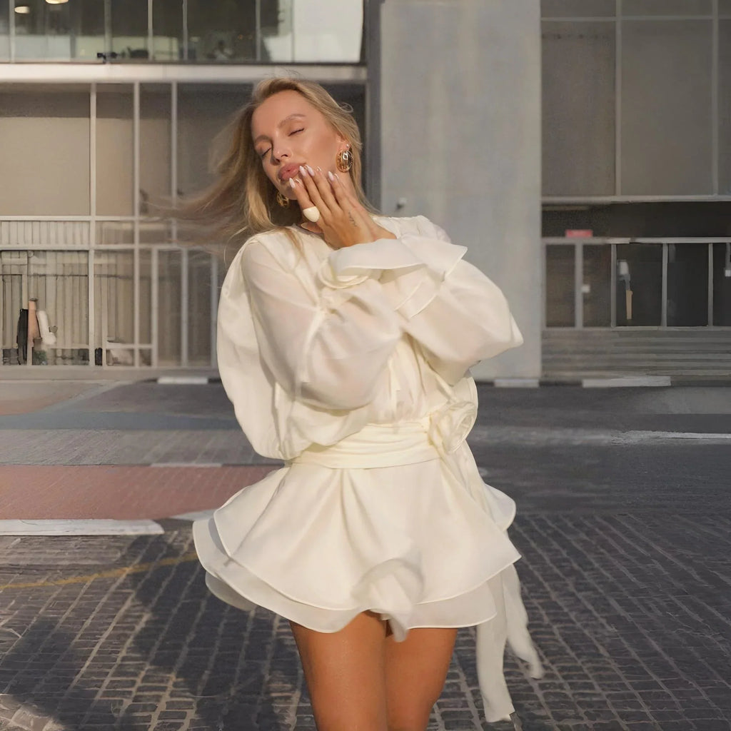 Mia White Long Sleeve Mini Dress with Flowered Belt