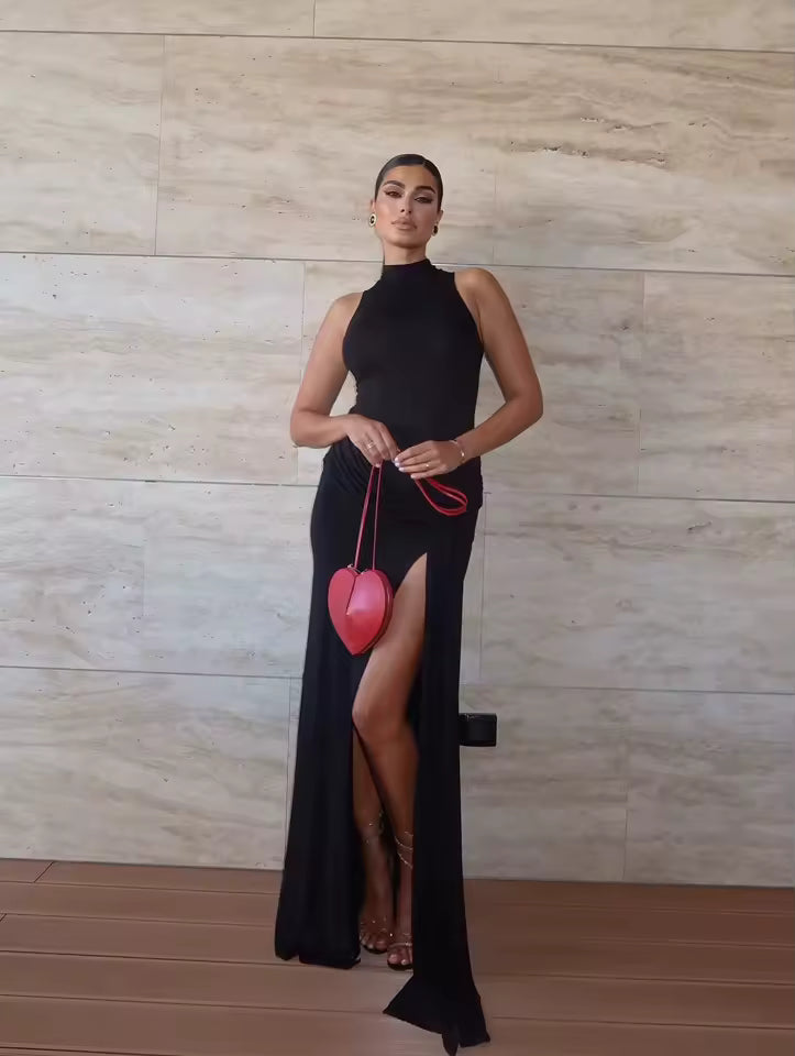 Ophélie Black Drape Detail Maxi Dress