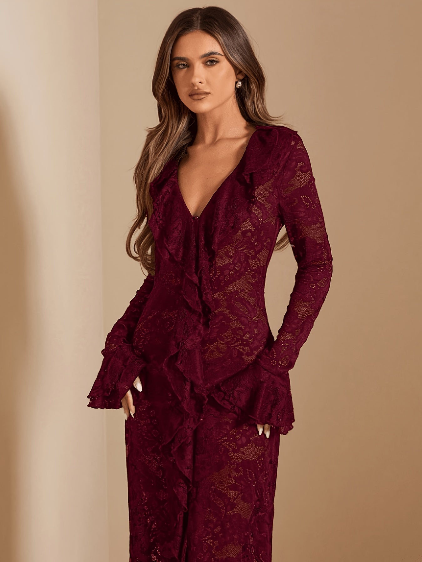 Carmen Burgundy Sheer Lace Maxi Dress