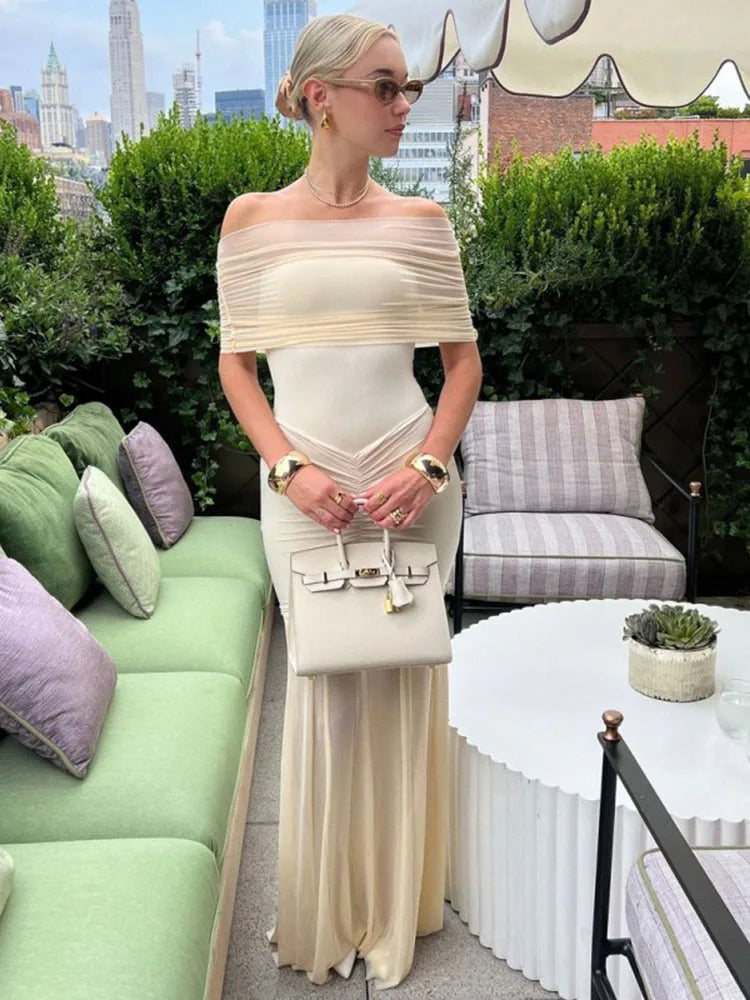 Lily Monroe Beige Elegant Folds Maxi Dress