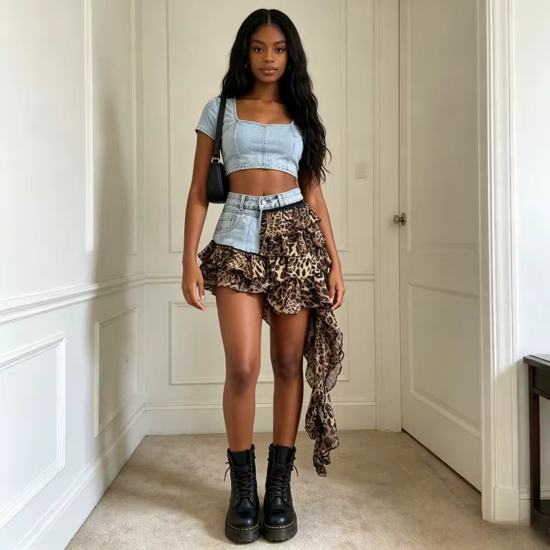 Feral Denim Leopard Ruffle Shorts
