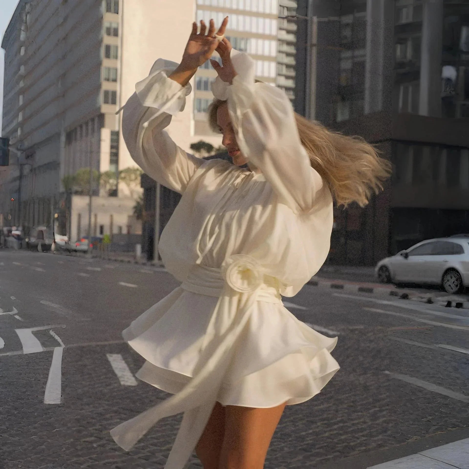 Mia White Long Sleeve Mini Dress with Flowered Belt