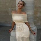 Lily Monroe Beige Elegant Folds Maxi Dress