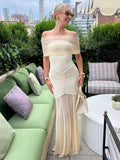 Lily Monroe Beige Elegant Folds Maxi Dress