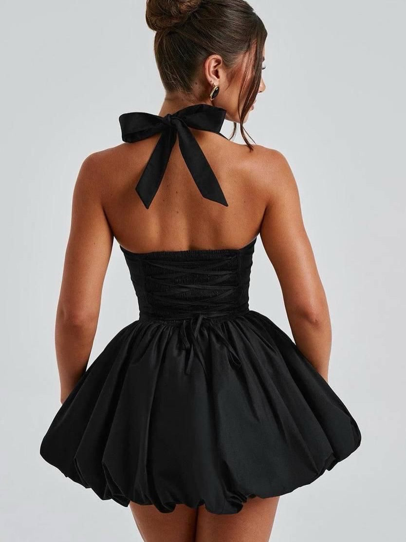 Camellia Black Bubble Hem Mini Dress
