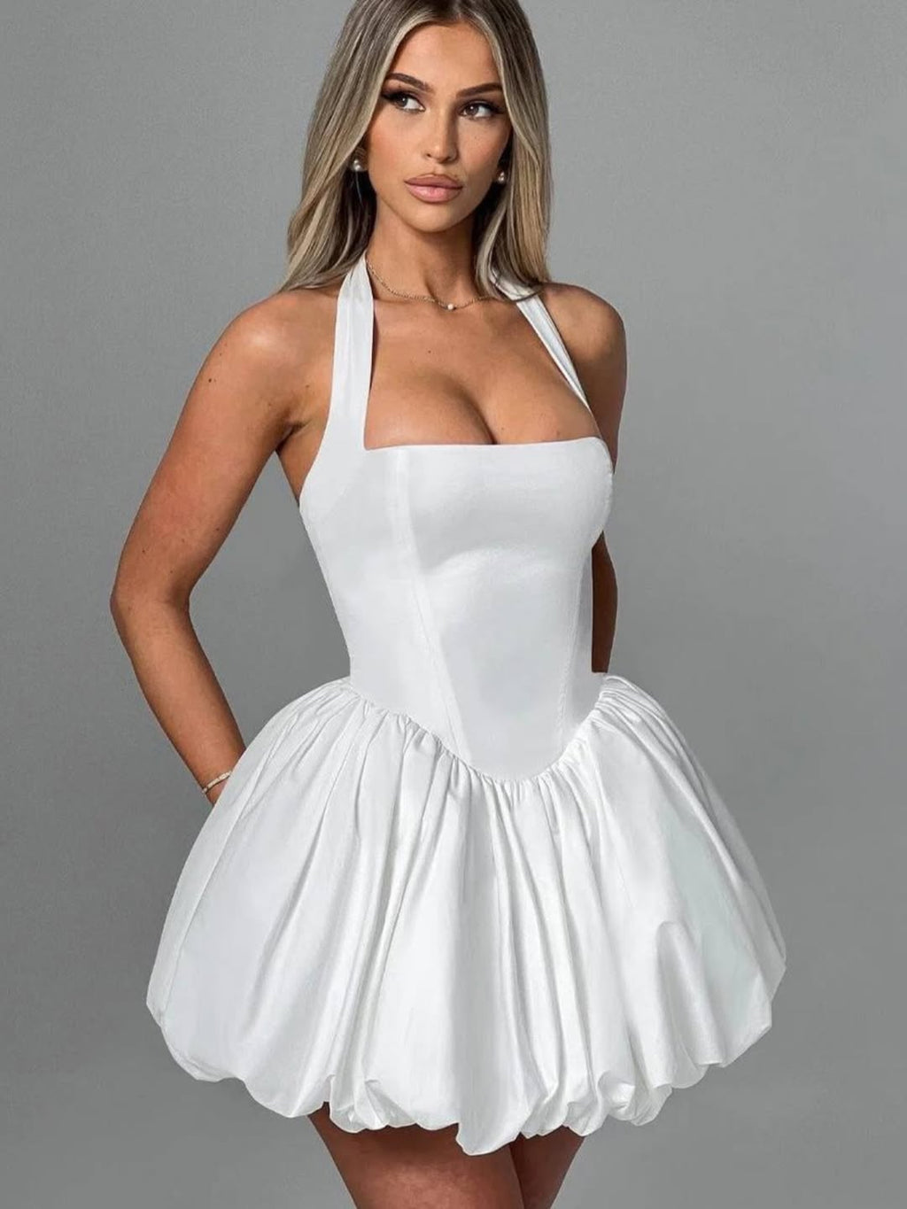 Camellia White Bubble Hem Mini Dress