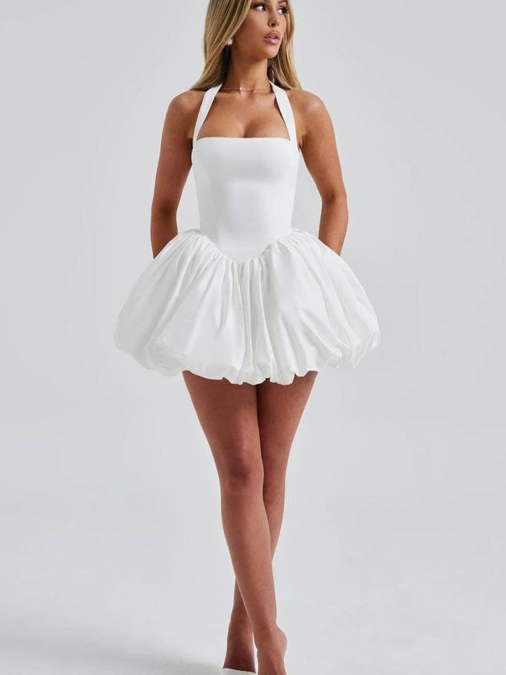 Camellia White Bubble Hem Mini Dress