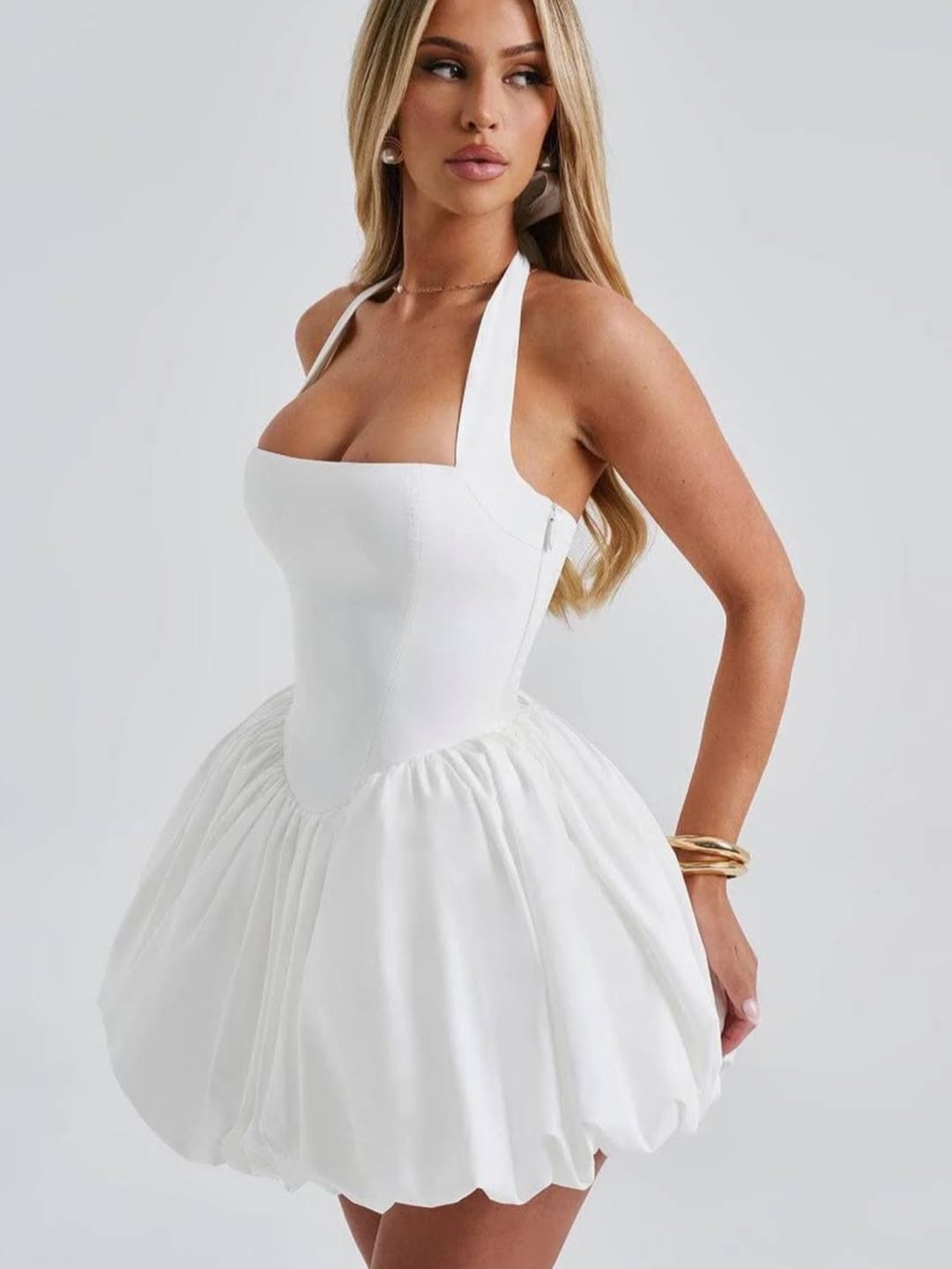 Camellia White Bubble Hem Mini Dress