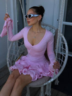 Elise Ruffled Long Sleeve Pink Mini Dress