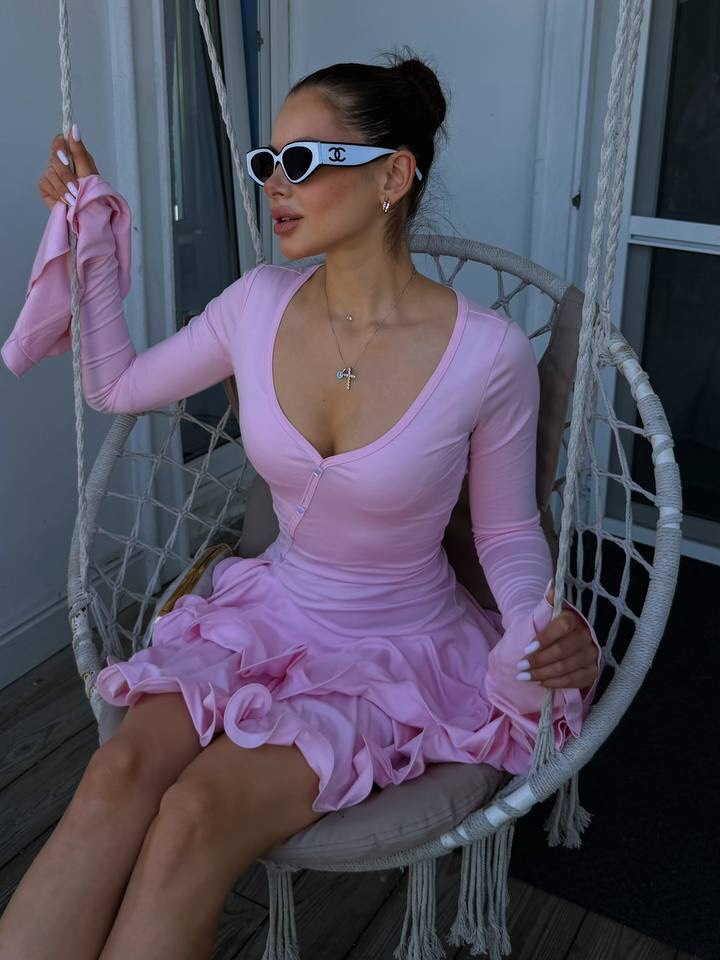 Elise Ruffled Long Sleeve Pink Mini Dress