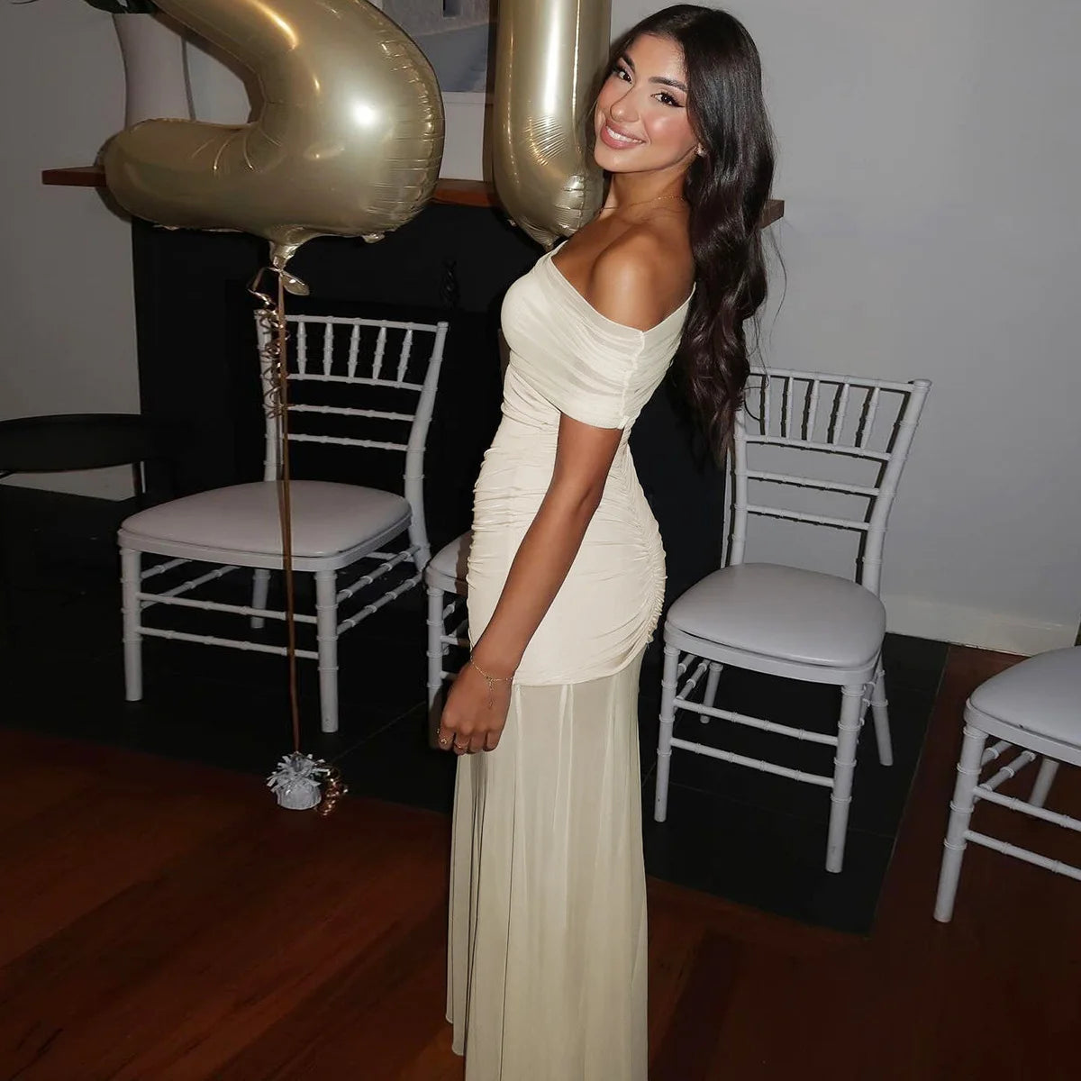 Lily Monroe Beige Elegant Folds Maxi Dress