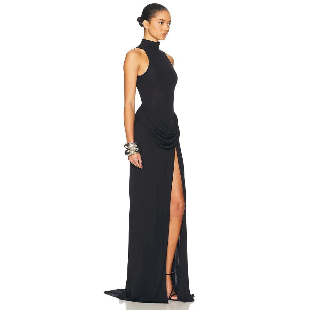 Ophélie Black Drape Detail Maxi Dress