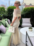 Lily Monroe Beige Elegant Folds Maxi Dress