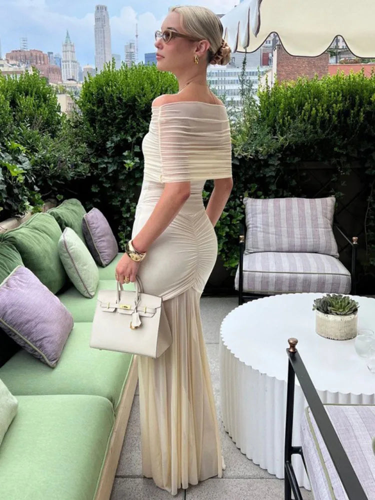 Lily Monroe Beige Elegant Folds Maxi Dress