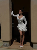 Elise Ruffled Long Sleeve White Mini Dress